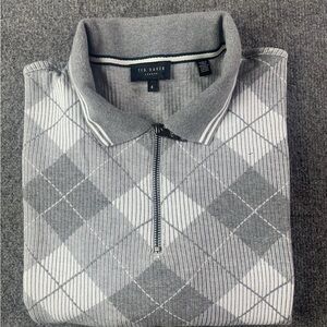 Ted Baker Mens 100% Cotton 1/4 Zip Long Sleeve Argyle Polo Shirt Size 4 Gray